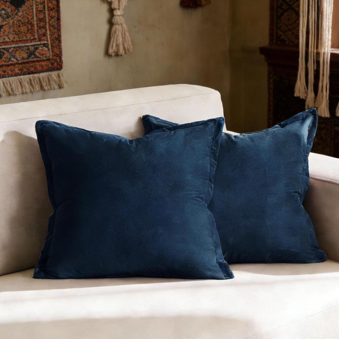 Pillow Covers 26x26 Set of 2 Quilted Square Euro Sham Soft Velvet Pillowcases with Invisible Zipper for Sofa Bed Living Room,Blue