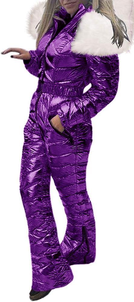Aurgelmir Womens Winter Ski Suit Fur Collar Coat Windproof Waterproof Warm Ski Jumpsuit Snowsuits (Large, Purple)