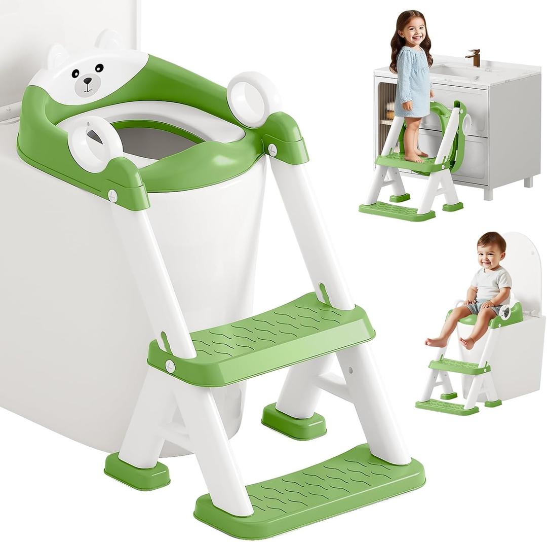 Potty Training Seat,Non Slip Foldable Toilet Training Seat with Soft Cushion, Comfortable HandlesUpgrade Toddler Toilet Seat for Kids Boys Girls,Potty Training Toilet Seat with Step Stool Ladder,Green