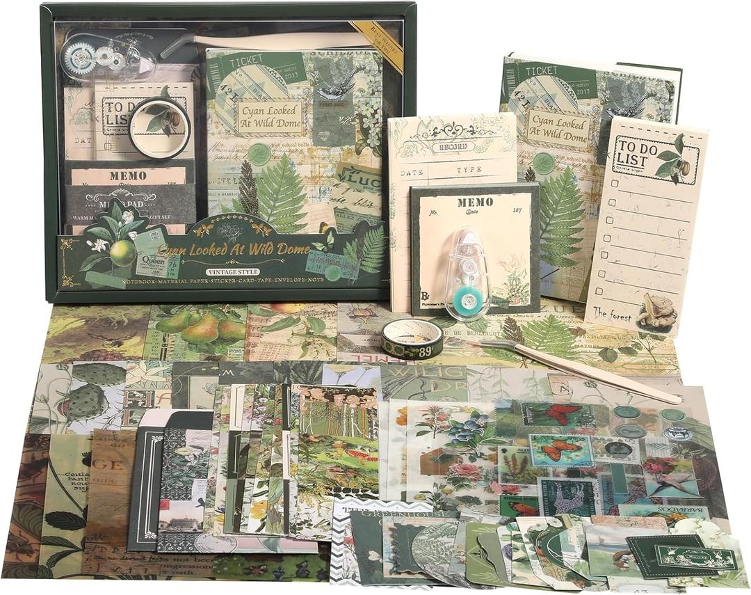 Scrapbook Photo Album Supplies Kit with Tweezers and Glue Tape, Green Aesthetic Vintage Junk Journal Scrapbooking Paper, Sticker Pack, Notebook Craft Supplies, DIY Gift for Adult Men Women (Wild Dome)