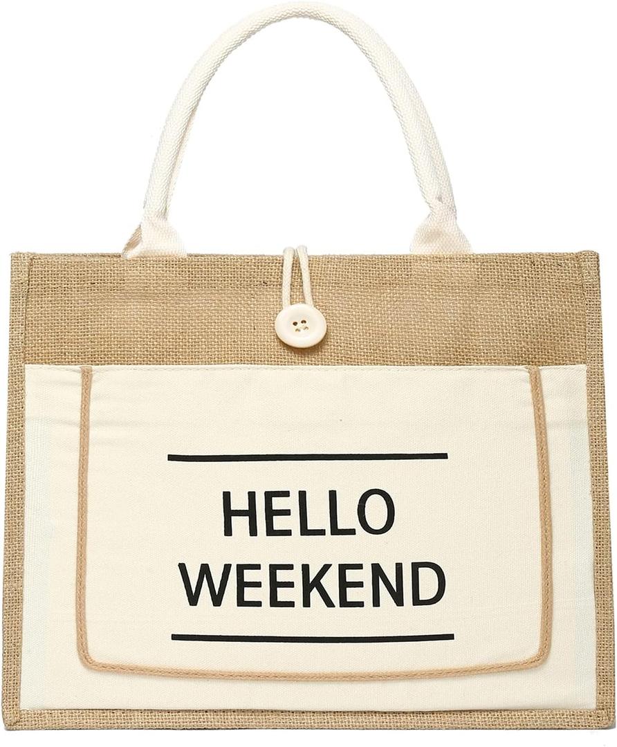 JOLLQUE Jute Beach Tote for Women, Reusable Grocery Shopping Bag with Handle.