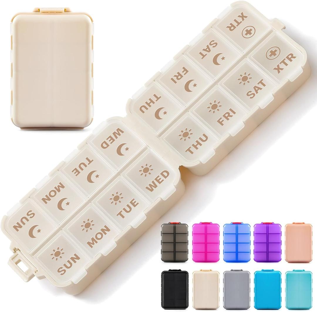 Foldable & Portable Pill Organizer 2 Times A Day with Extra Compartments - Etched Labels - Weekly 7 Day AM PM Medicine Box, Week Daily Travel Pill Case Holder Dispenser for Vitamin, Supplement - Khaki