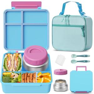 Kids Bento Lunch Box with Thermos, Leakproof Toddler Bento Box with 9 OZ Insulated Food Jar, Lunch Bag & Utensils 3 or 4 Compartment Container for School Girls Boys