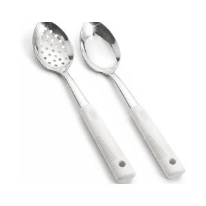 Stainless Steel Serving Spoon Set with Non-Slip Silicone Handles, 2-Piece Serving Spoon and Perforated Spoon, Home Kitchen, Parties & Daily Use (Beige)