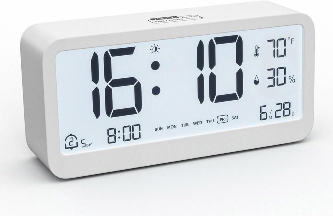 PASIVOLE Digital Alarm Clock Battery Powered with Date | Indoor Temperature | Humidity | LCD Display | Dual Alarms | Snooze and Backlight Desk Small Clock (White)