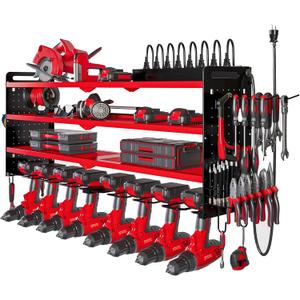 Power Tool Organizer Wall Mount with Charging Station,Cordless Tool Organizer 8 Drill Holder, 4 Layer Storage Rack for Garage Organization,Tool Holder with 8 Outlet Power Strip (Red)