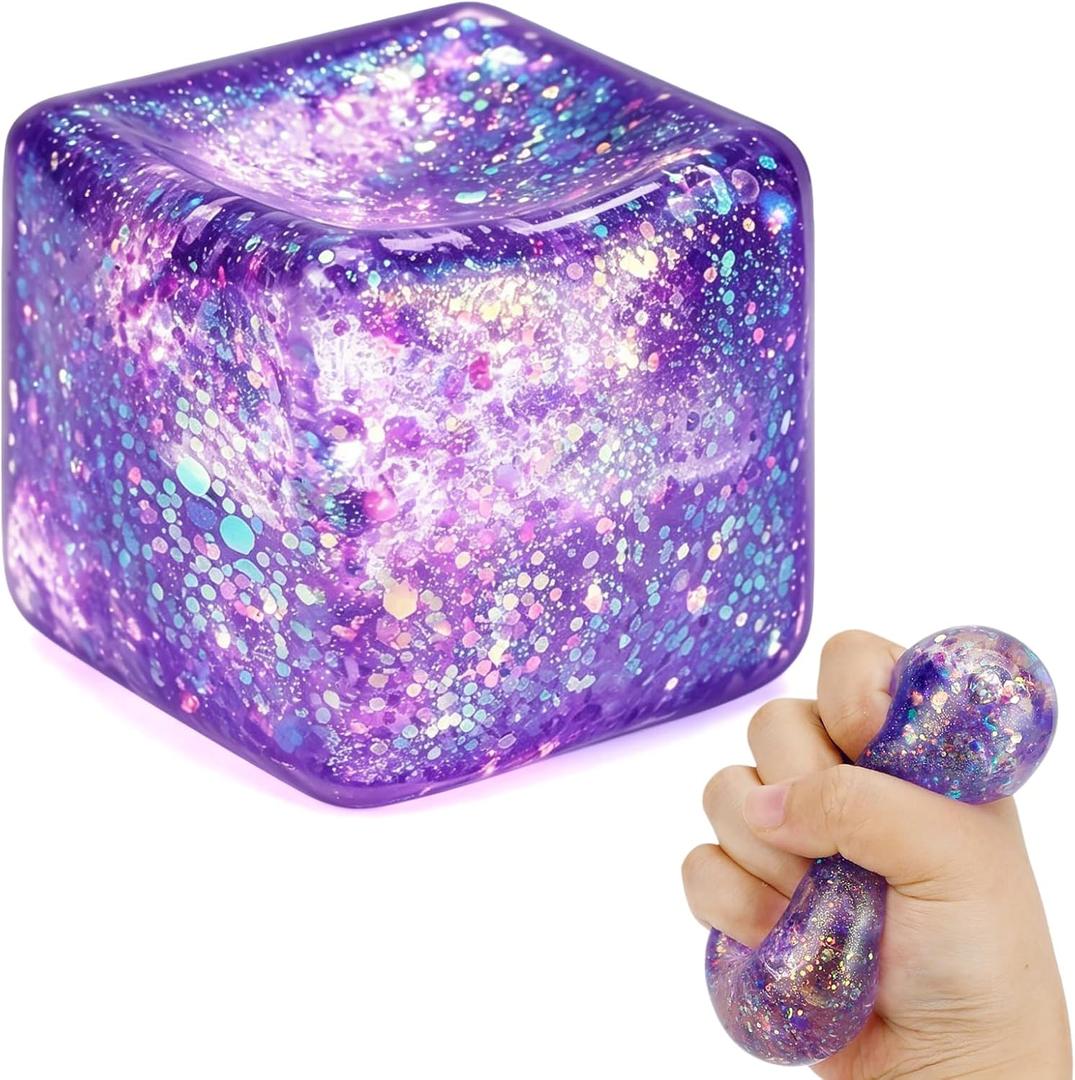 3 x Glitter Ice Cube Squishy Fidget Toys, Squishy Cube Stress Balls for Adults & Kids, Slow Rising Stress Relief Toys, Squeeze Ball Filled with Thick Substance and Glitter (Purple)