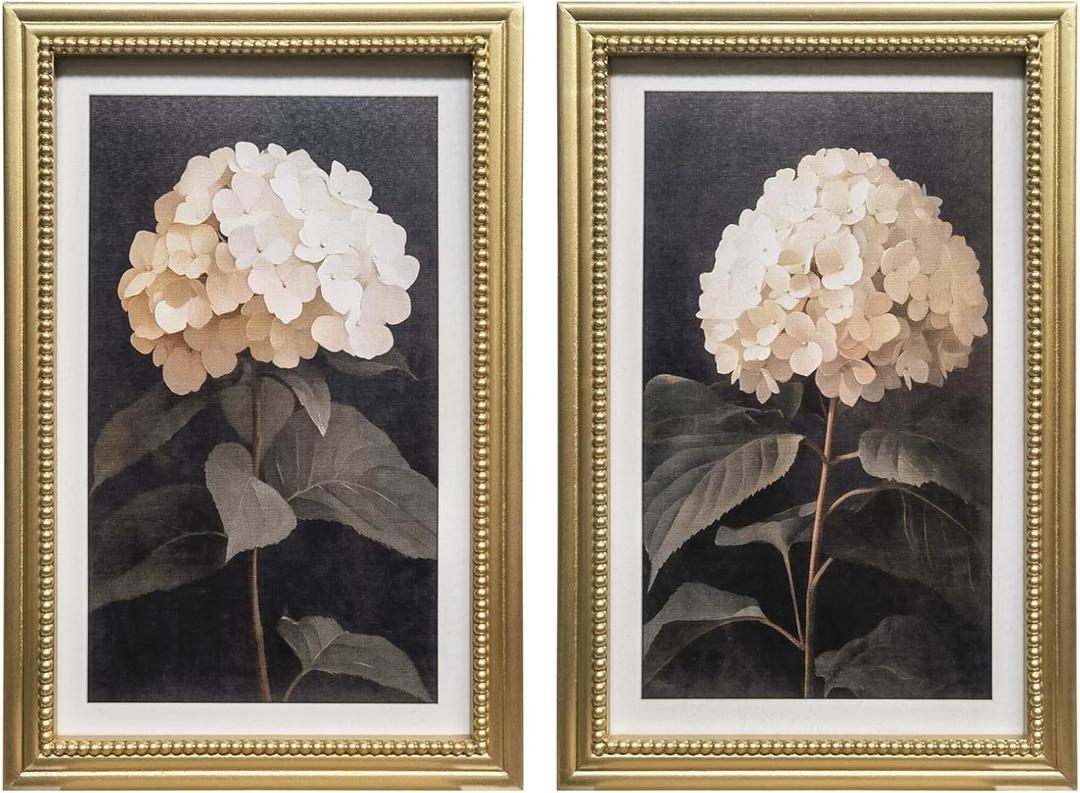 Gatheroad Vintage Gold Framed Wall Art Set of 2, Large Hydrangea Floral Art Painting & Canvas Prints | Dark Moody Aesthetic Wall Pictures & Artwork for Living Room, Bedroom, Bathroom Decor, 16x24in