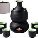 Ceramic Sake Set Cups with Warmer Keep Sake Storage Box, Traditional Porcelain Pottery Hot Saki Drink, 9pcs include 1 Stove 1 Warming Bowl 1 200ml Sake Bottle 6 Cup