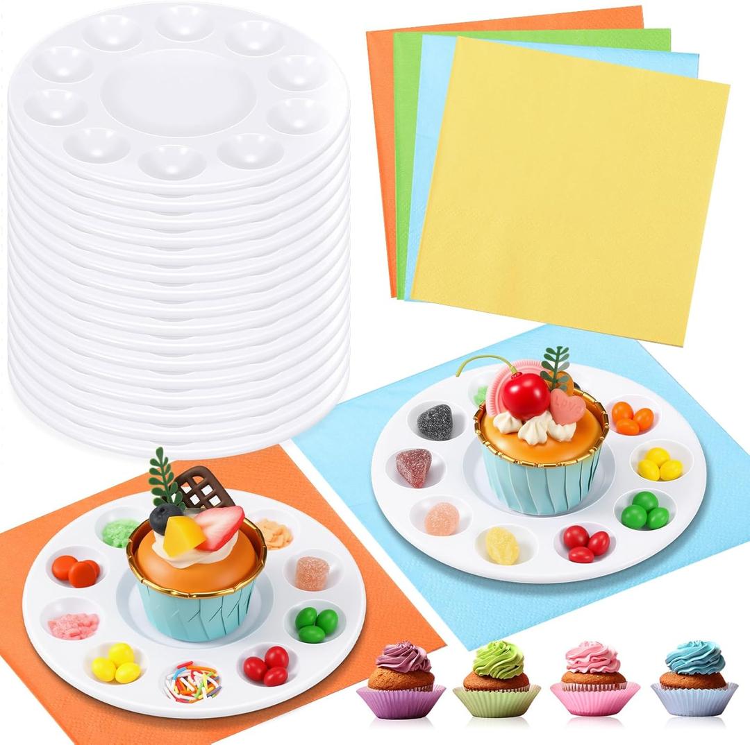 Faccito 20 Set Cupcake Decorating Plates with Napkins for Art Paint Party Paint Tray Palettes for Birthday Party Supplies