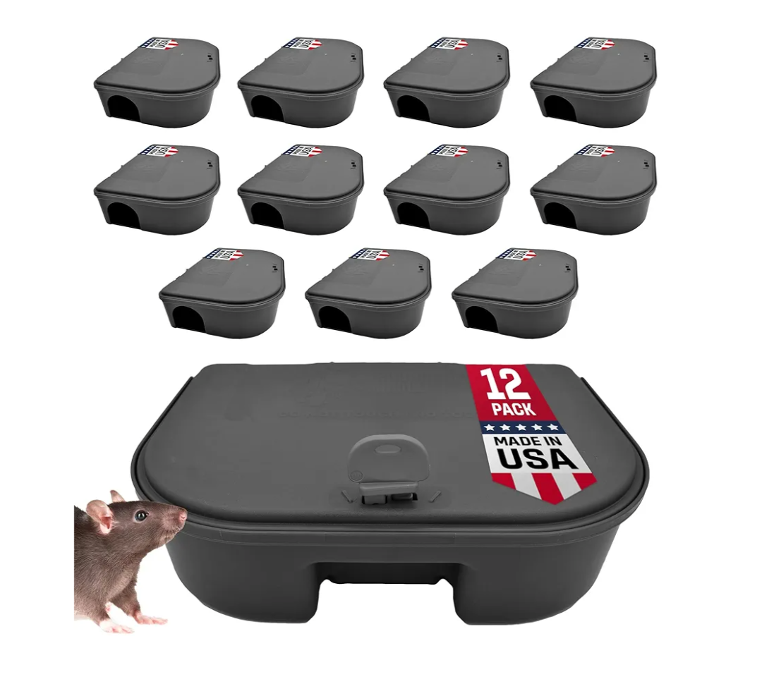 Black Mouse Bait Station with 12 Compact Units & 1 Key - Bait Boxes for Mice - Durable and Discreet Outdoor Setup - Mice Boxes