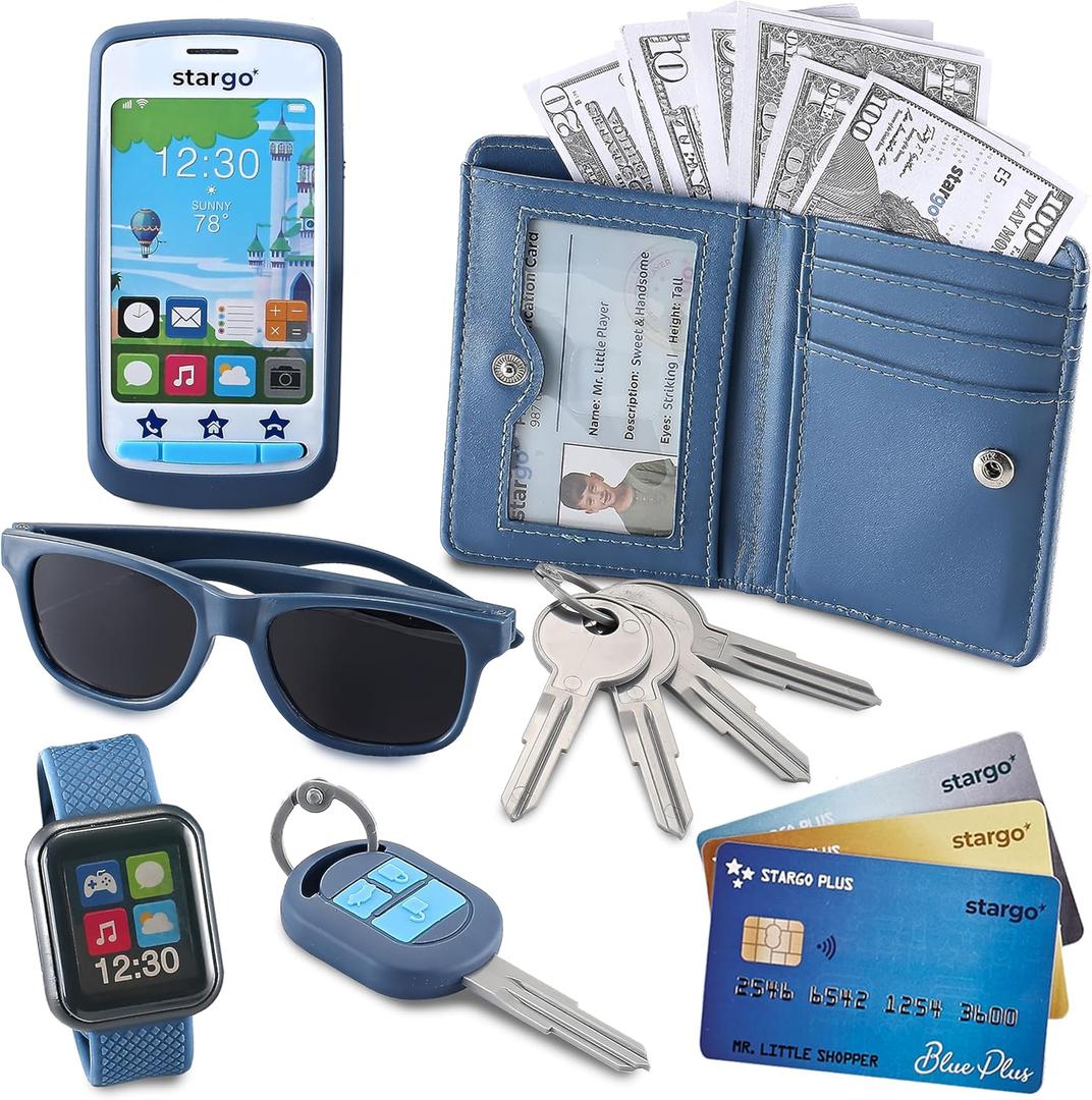 Play Wallet for Boys with Money and Pretend Play Toys, Cellphone, Smartwatch, Keys, Sunglasses, Toddler Wallet for Kids Ages 3 4 5 6 7 8 9 10 11 12 - Grown Up Pretend Play Set for Kids