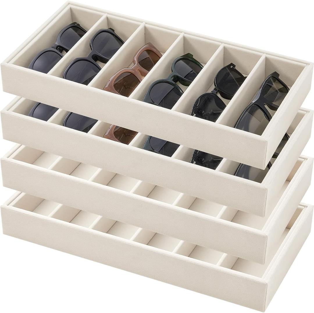 Juexica 4 Pcs Velvet Sunglasses Organizer Tray 6 Grid Sunglass Organizer Velvet Tray Stackable Glasses Display Case for Women Glasses Jewelry Display Watch (Beige)