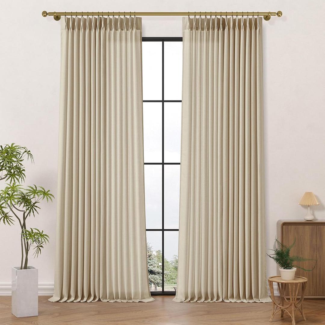 Beige Pinch Pleated Linen Curtains for Living Room Extra Long 102 Inches Pleat Drapes 2 Panels Set, Memory Shaped Light Filtering Semi-Blackout Curtain Neutral Window Treatments Privacy for Bedroom