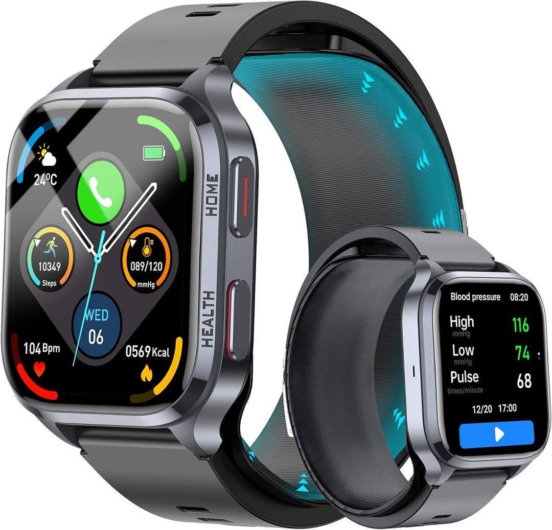 Blood Pressure Smart Watch for Men Women with Air Bag Cuff, Fitness Tracker with Heart Rate, Blood Oxygen, Sleep Monitor, 530mAh Battery, Family Data Sharing, Activity Tracker for Android iOS