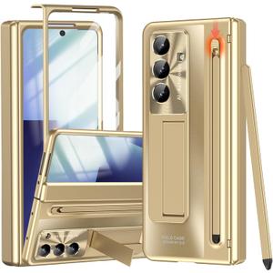 for Samsung Galaxy Z Fold 7 Case with S Pen Holder & Stylus Pen, Z Fold7 Full Coverage Phone Case with Kickstand HD Screen Protector Anti-Scratch Stand Protective Cover for Z Fold 7 Gold