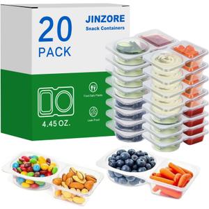 Jinzore 20 Pack Snack Containers, Reusable 2 Compartment Condiment Containers with Lids, Ideal for On-the-Go Mini Sauce Boxes & Lunchable Snack Packs for Kids, Adults, School, Office, Travel, BPA-Free