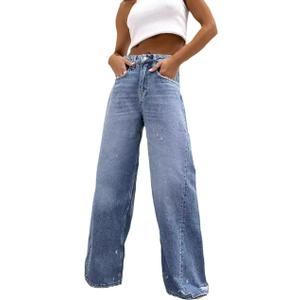 Topevil Wide Leg Jeans Woman，High Waisted Straight Leg Jeans Baggy Loose Boyfried Denim Pants
L