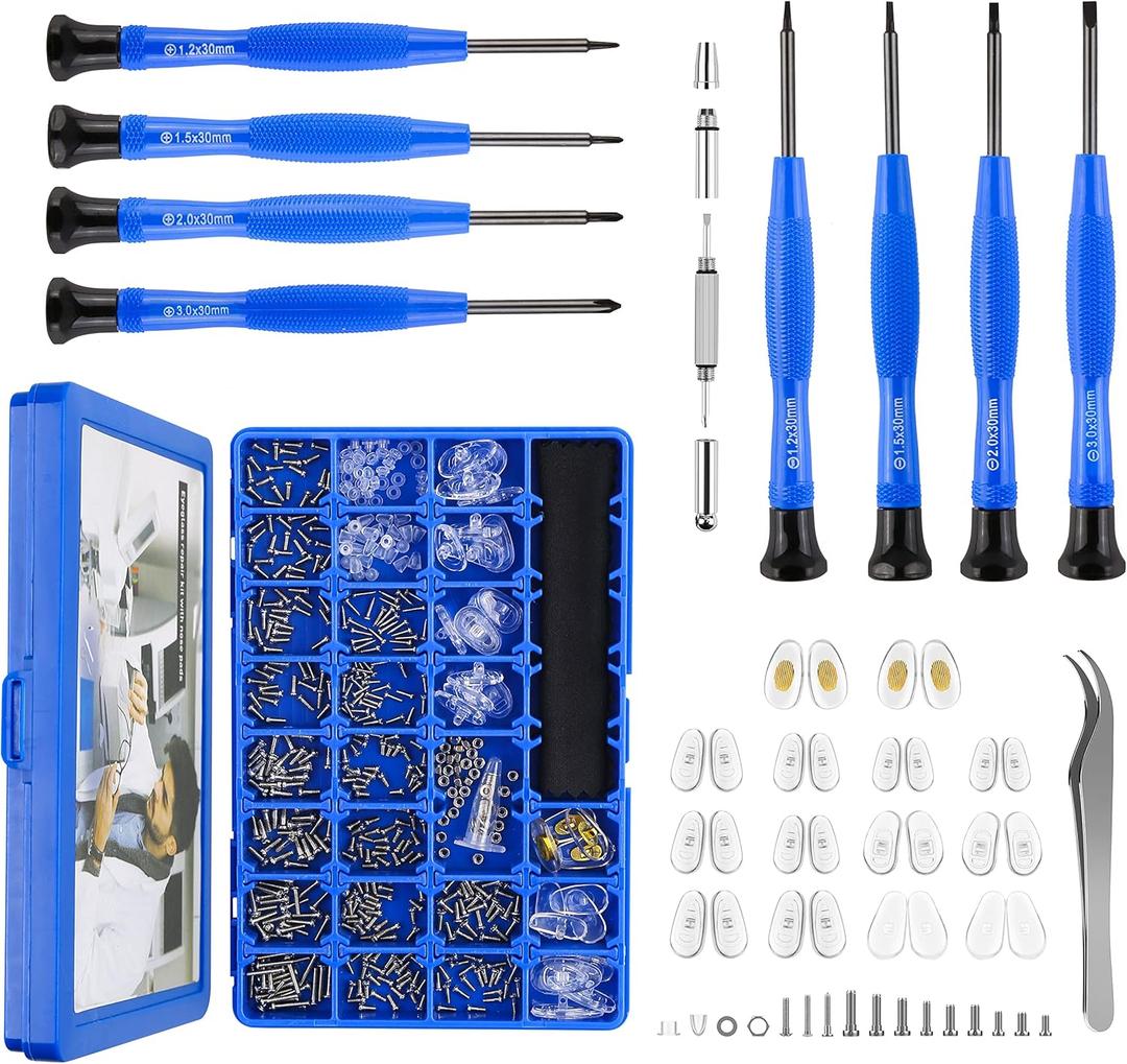 Upgrade Version Magnetic Eye Glass Repairing Kit, Eyeglass Repair Tool Kit with Compact Screw Box Includes Nose Pads, Precision Screwdriver Set, Screws, Tweezer for Eyeglass, Sunglass, Spectacles Watch