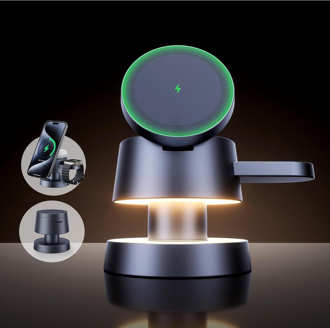 4 in 1 Wireless Charging Station with Night-Lamp for MagSafe Magnetic Fast Charger iPhone Wireless Stand, Travel Charger Multiple Devices for iPhone 16 15 Pro Max Airpods Apple Watch Ultra