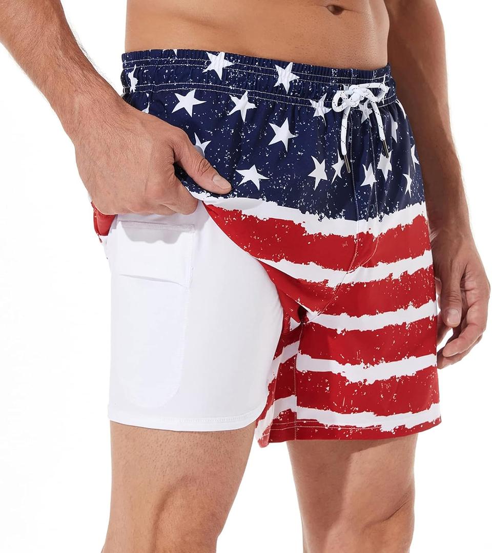 BRISIRA Mens Swim Trunks Bathing Suit 5 Inch Inseam Compression Liner Beach Swim Shorts Swimwear Quick Dry Zipper Pocket (28, Americanflag)
