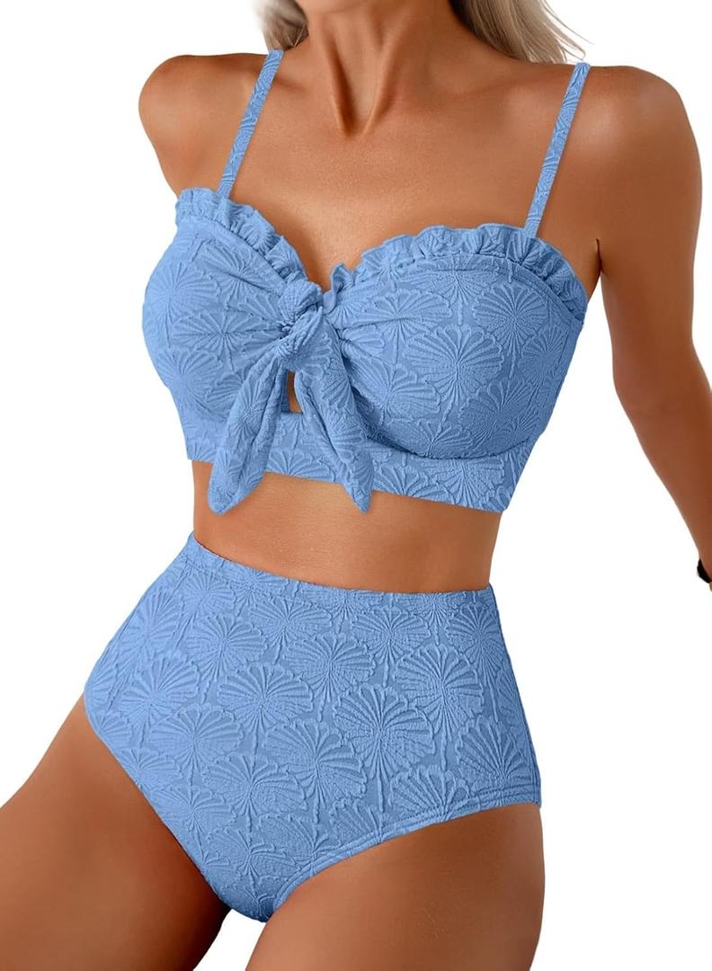 Herseas Women's Seashell Textured Bikini Sets Knotted Front 2 Piece Swimsuits Ruffle Trim Bathing Suits (Medium)
