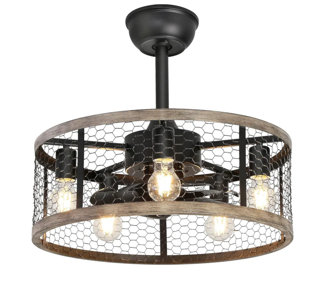 Ohniyou 20'' Caged Rustic Farmhouse Ceiling Fan with Lights Remote Control, Reversible Motor, 6 Speeds Ceiling Fan Light Fixture for Dining Room Bedroom