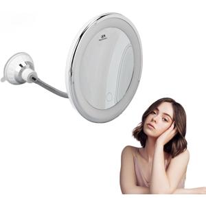 Zetiling 10x Magnification LED Makeup Mirror, Wall Mount, Round, 17.3"L x 6.9"W, Black Frame, Modern Style, Adjustable Brightness, Three Light Colors, Suction Cup Design