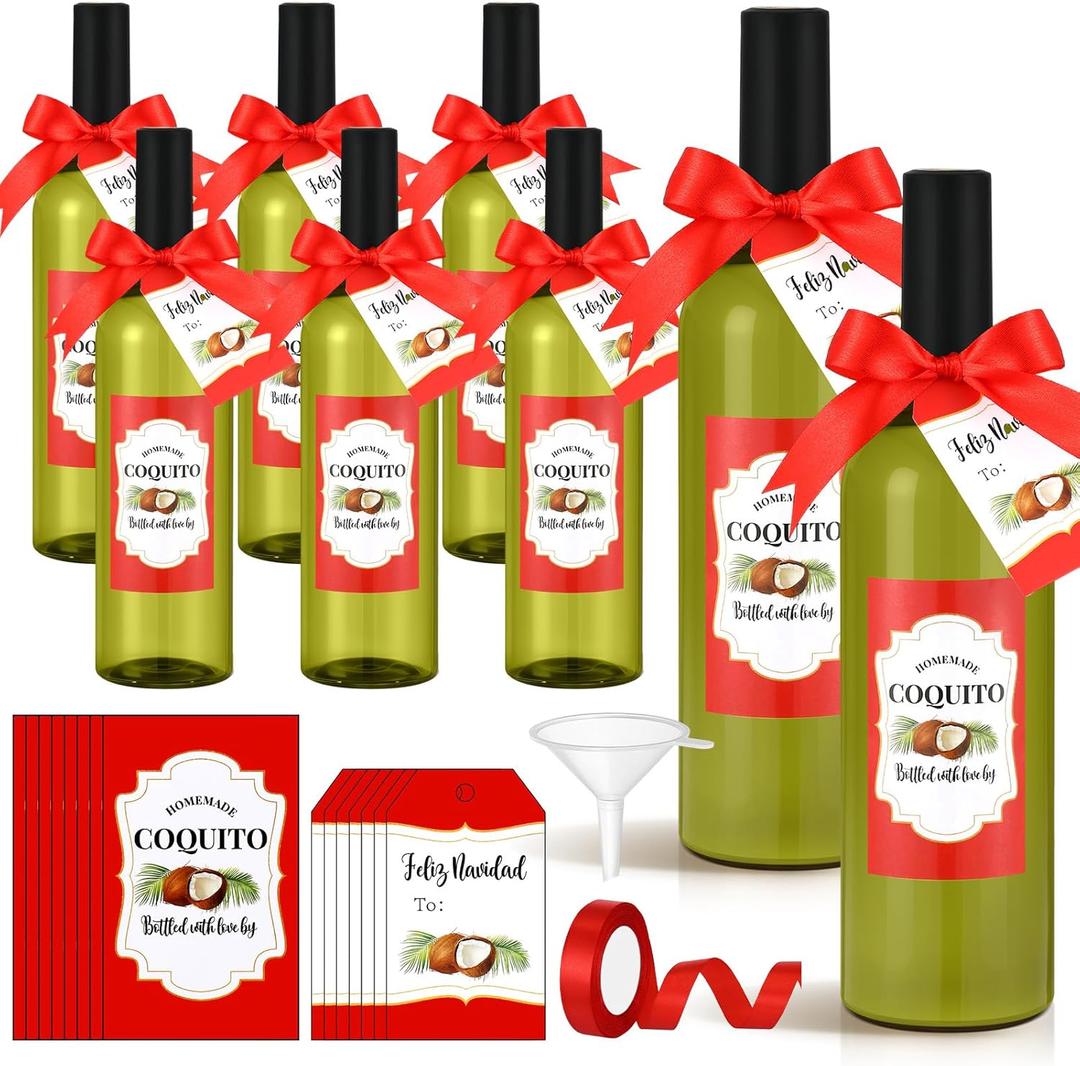 Acellegic 16 Set Christmas Coquito Bottles 25 oz Coquito Plastic Wine Bottles with Caps Labels Stickers PVC Shrink Capsules Ribbons Funnel for Homemade DIY Craft Xmas Party Brewing Beverages Liqueur