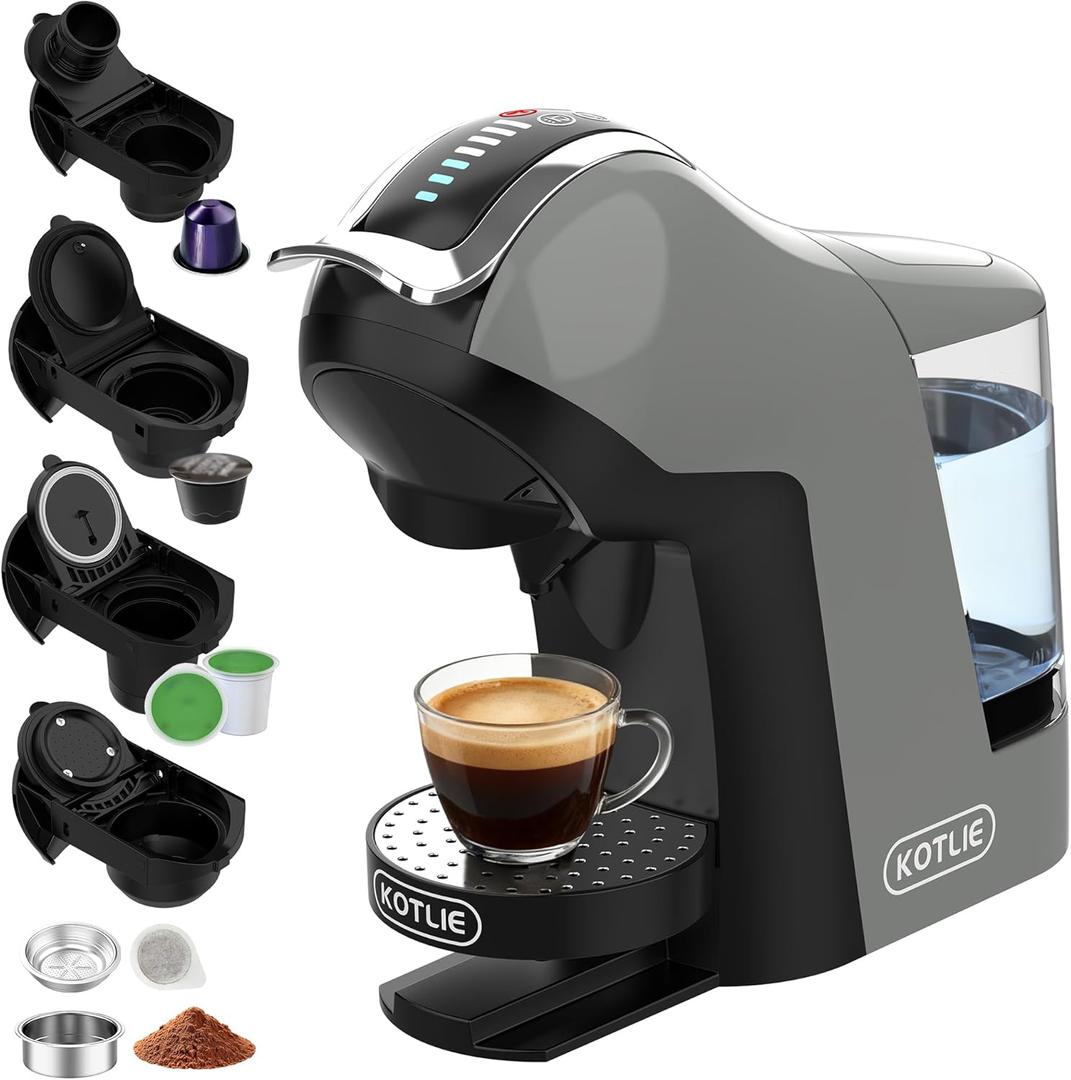 KOTLIE EM-308B Espresso Machine, Single Serve Coffee Maker Compatible with Multiple Capsule Types, Ground Coffee, and ESE Pods. 3 Temperatures, 7 Water Volume Levels, and a 1L Water TankGray