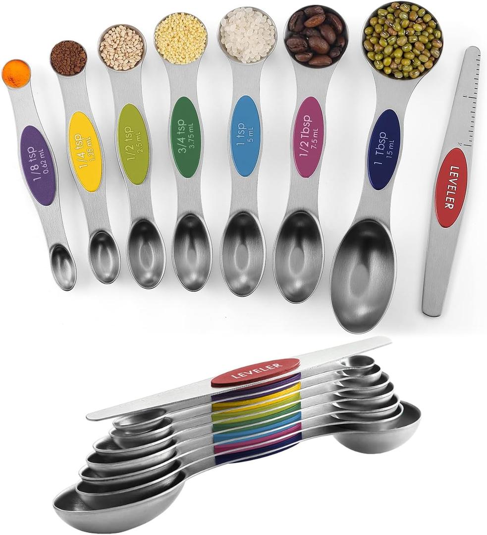 ChefAide Pack of 8 Stainless Steel Magnetic Measuring Spoons Set, Dual Sided, Stackable, Adjustable Teaspoon and Tablespoon Measure Spoon with Leveler, Kitchen Gadgets (Multicolor)