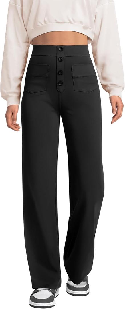 keriffe Women's Straight Leg Pants High Waisted Button Stretchy Business Work Dress Casual Trousers Multiple Pockets (Black)