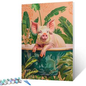 Aihonmin Leisurely Pig Paint by Numbers for Adults, Green DIY Acrylic Watercolor Painting by Numbers for Kids Abstract Colorful Painting Arts Craft On Canvas Home Wall Decor (DIY Frame) 16x20 inch