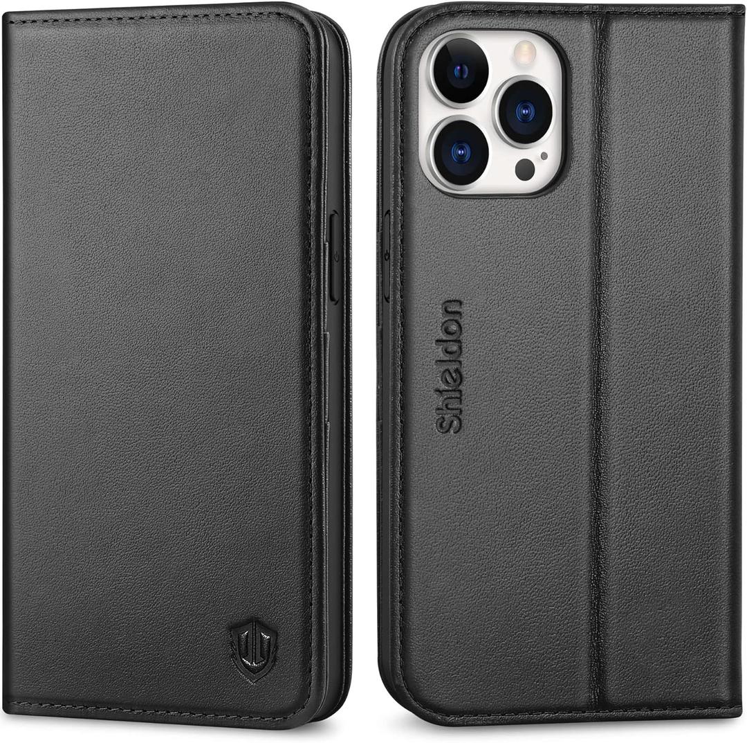 SHIELDON Case for iPhone 12 Pro Max 5G, Genuine Leather Wallet Case Magnetic RFID Blocking Card Holder Kickstand Shockproof Cover Compatible with iPhone 12 Pro Max (6.7" 2020) - Black