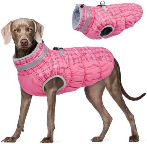 FUAMEY Dog Coat for Large Dogs,Waterproof Dog Winter Jacket with Harness Built in Puppy Cold Weather Coats Reflective Pet Vest with Zipper Warm Fleece Dogs Snowsuit Windproof Rose Plaid 2XL