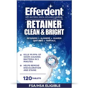 Efferdent Retainer Cleaner Tablets for Aligners, Mouth Guards & Night Guards, Clean & Bright, 120 Count, 3-Minute Daily Retainer Cleaner, Tough Stain & Odor Remover for Dental Appliances