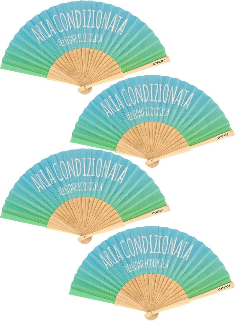 4 Pack Handheld Folding Fans with Funny Italian Quote Ecological Air Conditioning, Blue Green Ombre Fabric & Bamboo Hand Fan, Eco-Friendly Summer Cooling Tool for Travel, Beach & Party Favors