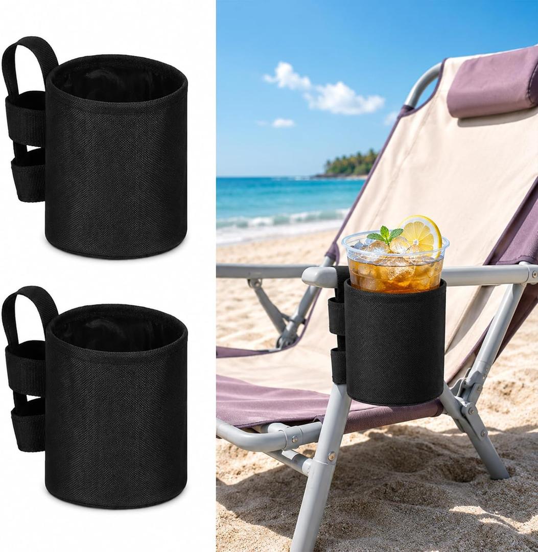2 Pack Black Beach Chair Cup Holders 4.1x3.5in Camping Chair Drink Holder Portable Universal Drinking Water Bottle Organizer Accessories for Outdoor Summer Beach Camping Fishing Pool Picnic Loungers
