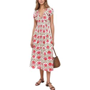 Women's Boho Floral Midi Dress V Neck Smocked Waist Casual A Line Flowy Summer Dress, Red