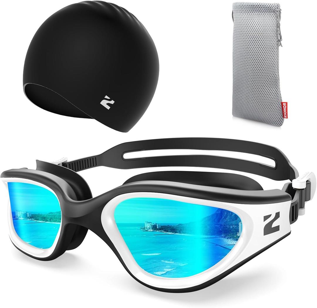 ZIONOR G1 Lite Swim Goggles with Swim Cap Comfortable Anti-fog Swimming Goggles Cap Set for Adult Men Women (One Size, A0(white-gold+c5 Black))