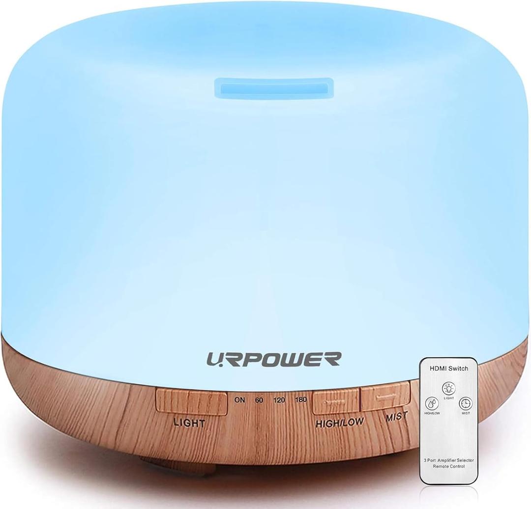 URPOWER 500ml Essential Oil Diffuser with Cool Mist Humidifier Function - 7 Color Changing LED Lights, 4 Timer Modes & Auto Shut-Off Ultrasonic Aromatherapy Scent Diffuser for Home, Office