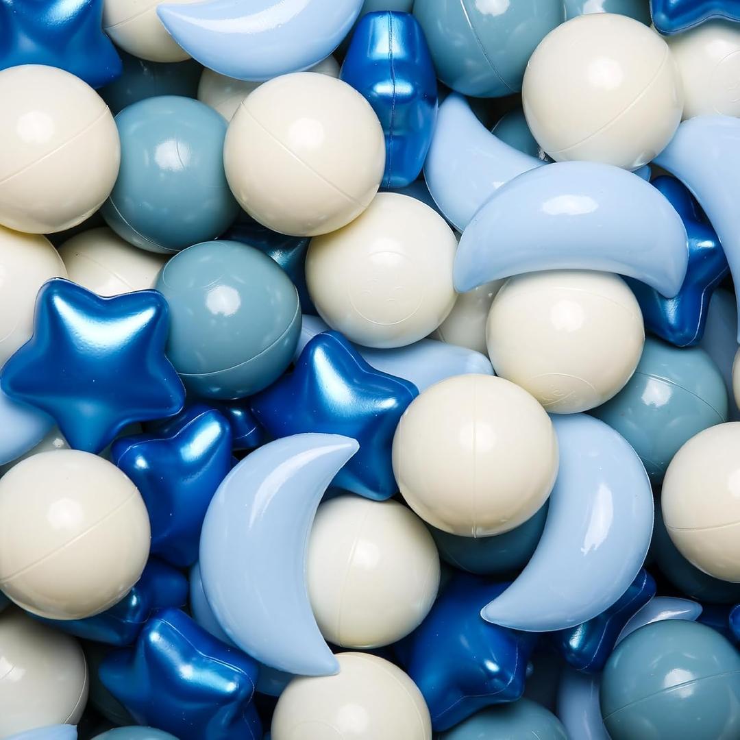 GOGOSO Ball Pit Balls Stars Moon Shapes Plastic Pitballs for Toddler Play Tent Baby Photo Props Kids Pool Water Toys Kiddie Pool Party Decor, Pearl Blue+Cream Blue+White, 200PCS