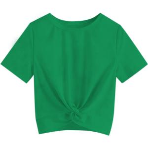 Girls Shirts Casual Summer Twist Front Tunic Blouses Cute Tee Shirt Tops Size 5-14 Years (Green)