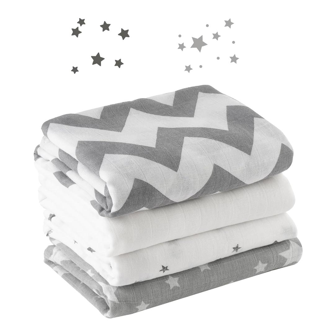 Bunnikins & Clover Muslin Swaddle Blankets for Boys and Girls, Baby Receiving Blankets Unisex, Newborn Essentials for Registry & Gift, 47x47 Inches Swaddles for Newborns, Set of 4