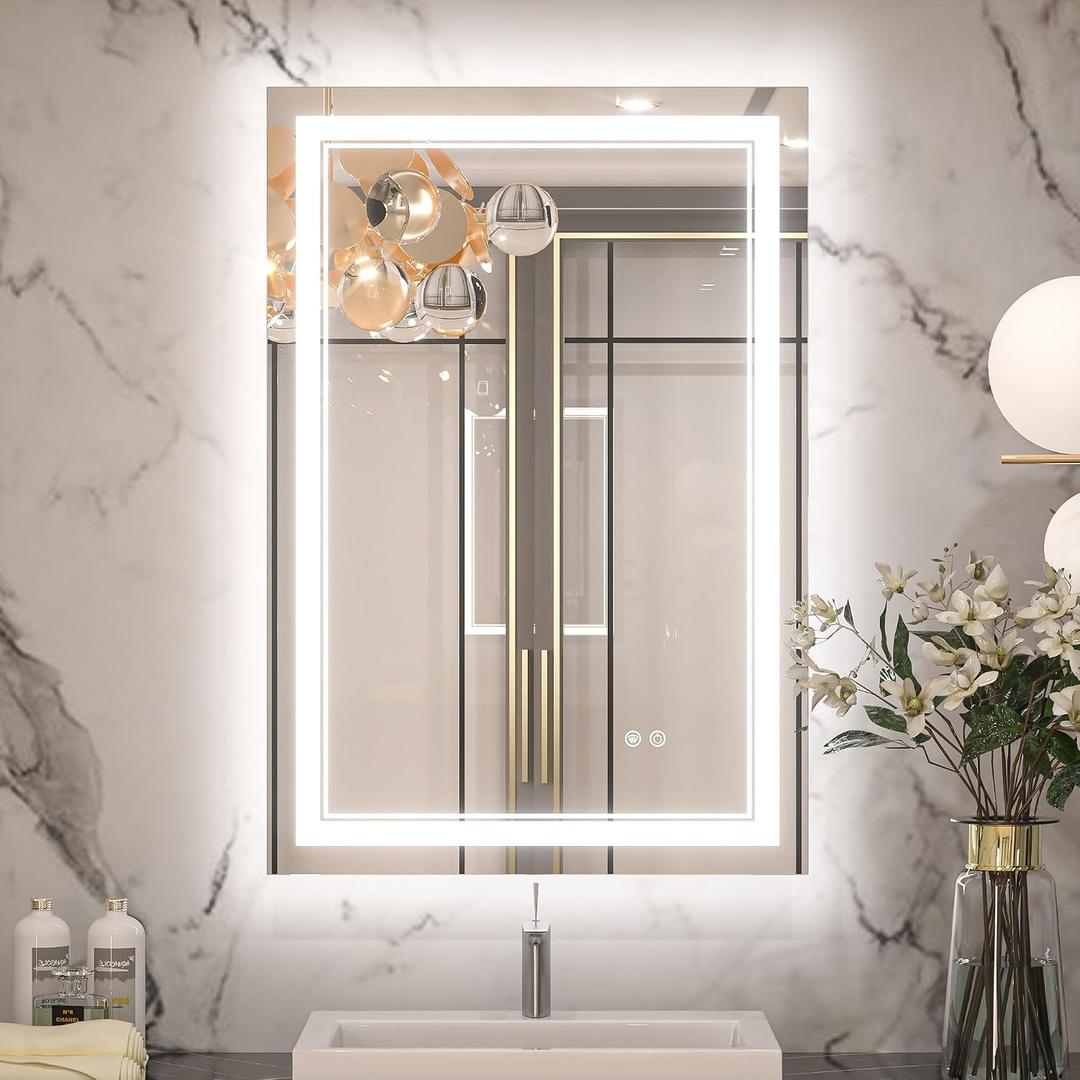 Keonjinn 22" x 32" Lighted Mirrors for Bathroom Wall, Frontlit & Backlit LED Bathroom Mirror, Tempered Glass, 3 Color Lights, Dimmabled, UL-Listed LED Driver, Anti-Fog, Smart Bathroom Vanity Mirror