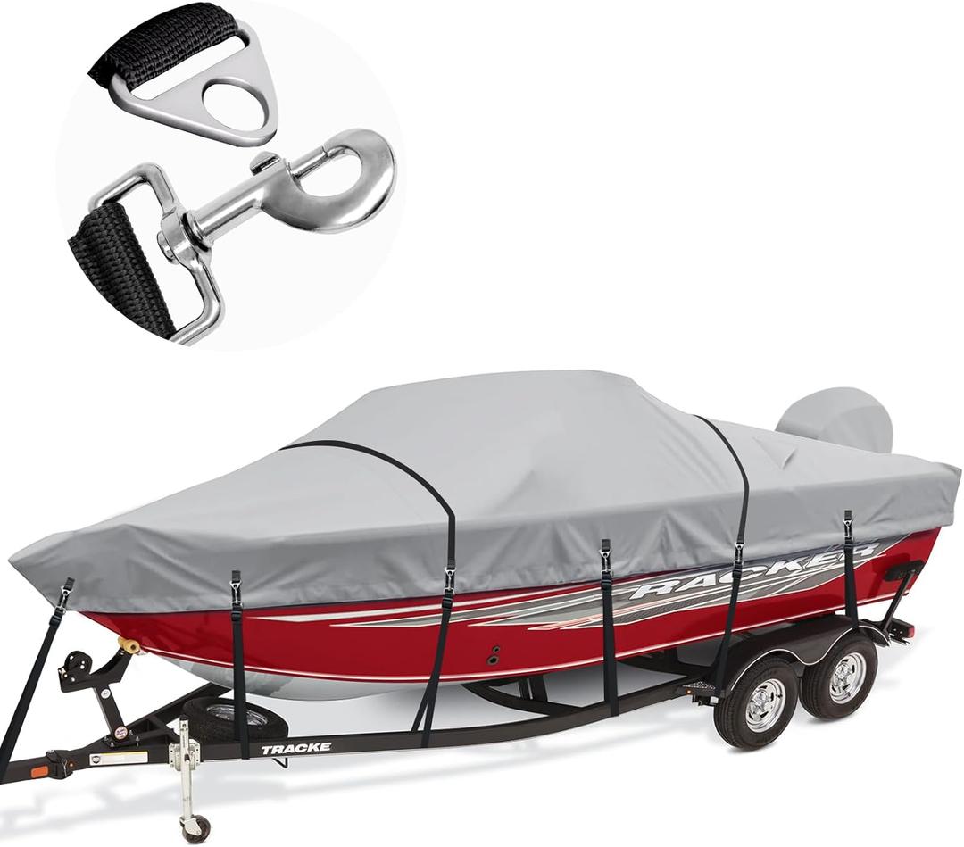 Heavy Duty 1200D Waterproof Boat Cover - 17-19ft with Motor Cover and Windproof Adjustable Metal Buckle - Fits Bass, V-Hull, Tri-Hull, Fishing, Runabout Boats - Gray (Length: 17'-19', Beam Width: up to 96")
