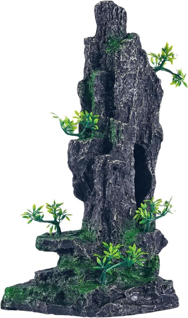Large Fish Tank Decorations - Mountain View Aquarium Ornament with Tree House Cave