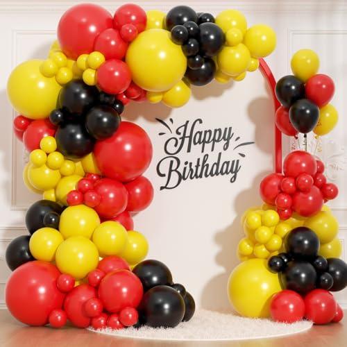 HKYOOD 166Pcs Red Yellow Black Balloon Garland Arch Kit - Mouse Party Decorations with 18 12 10 5 Different Sizes Latex Party Balloons for Birthday Baby Shower Cartoon Game Theme Backdrop Decorations