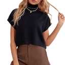 Verdusa Women's Mock High Neck Short Sleeve Solid Knit Crop Top Sweater Pullovers (Medium, Black)