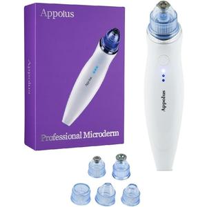 Microdermabrasion Machine - Appolus Premium Diamond Microdermabrasion Device Kit - 2 Diamond Tips - 5 Heads - Blackhead Remover Vacuum Tool -Pores Lines Wrinkles Minimizer (White)